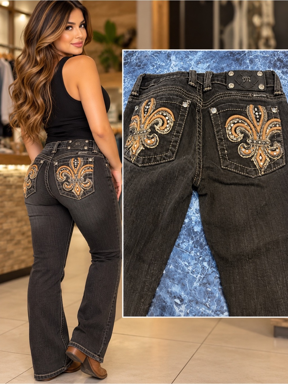 Miss Me Black Boot Cut Jeans with Gold Fleur-de-Lis Embroidery